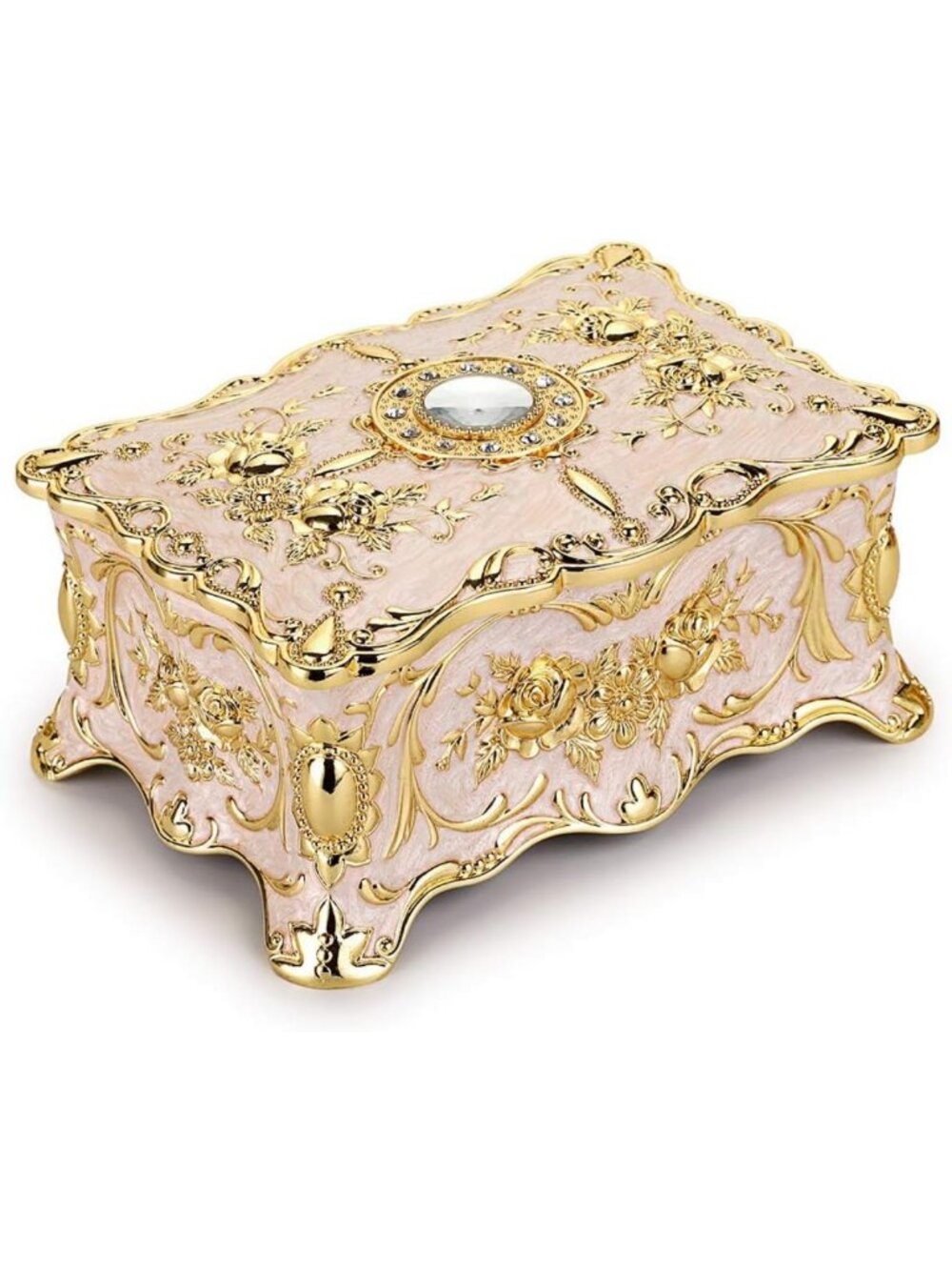 Vintage Metal Jewelry Box - Two Layer Large Trinket Organizer, Beige Storage